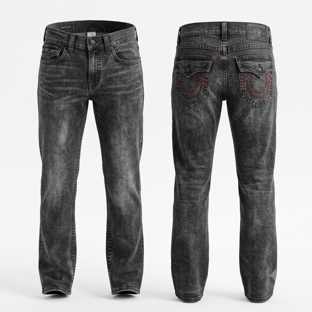 True Religion Ricky Relaxed Straight Jeans Mens 31 Faded Black Red Stitch Flap